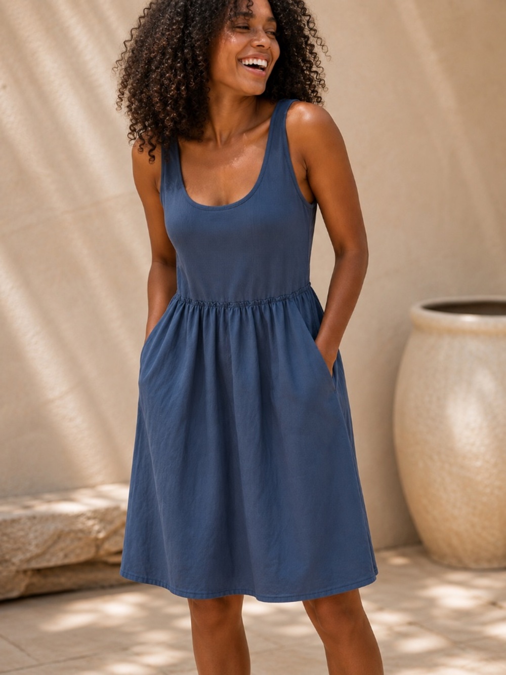 A New Day Blue Mixed Media Ribbed Tank Midi Dress with Pockets Size M
